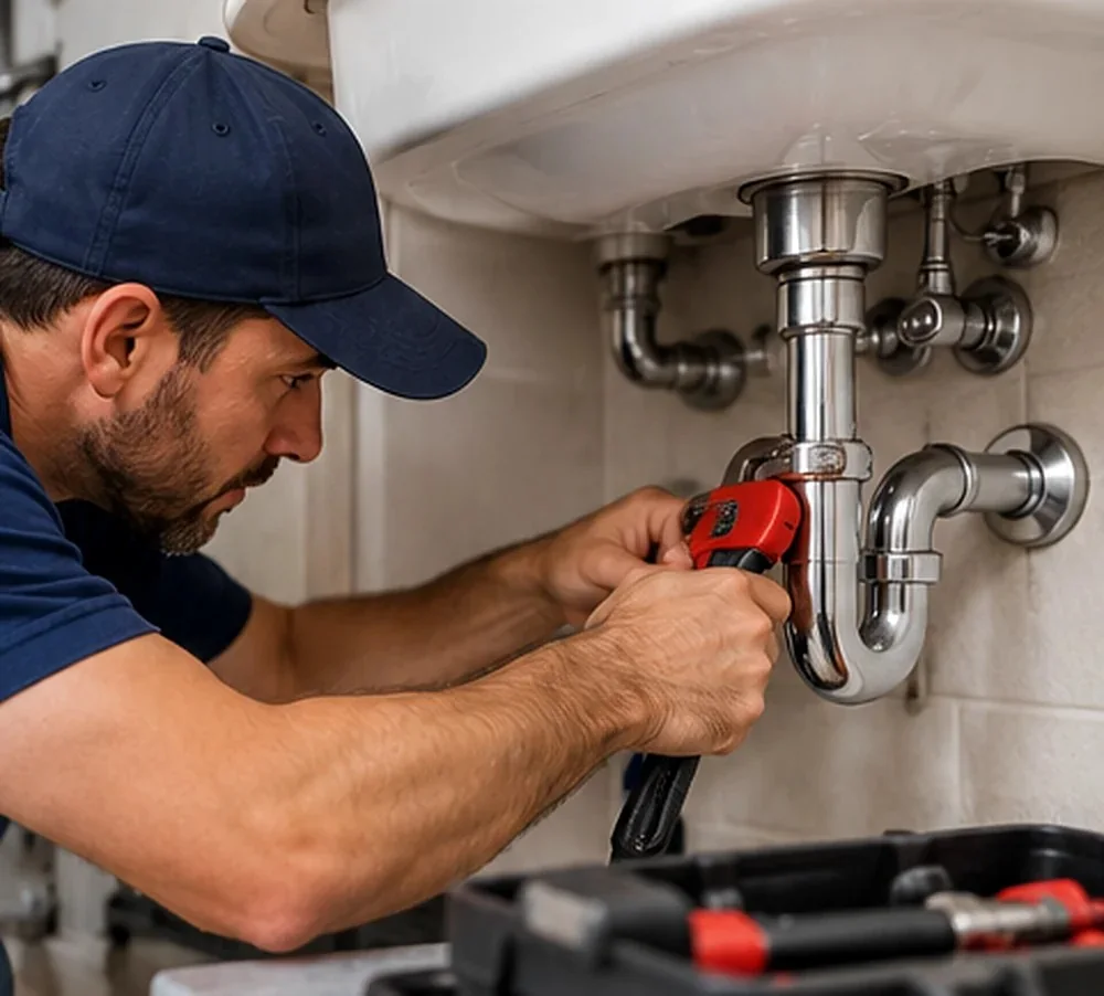 Illustrative plumber checking a drain beneath a sink