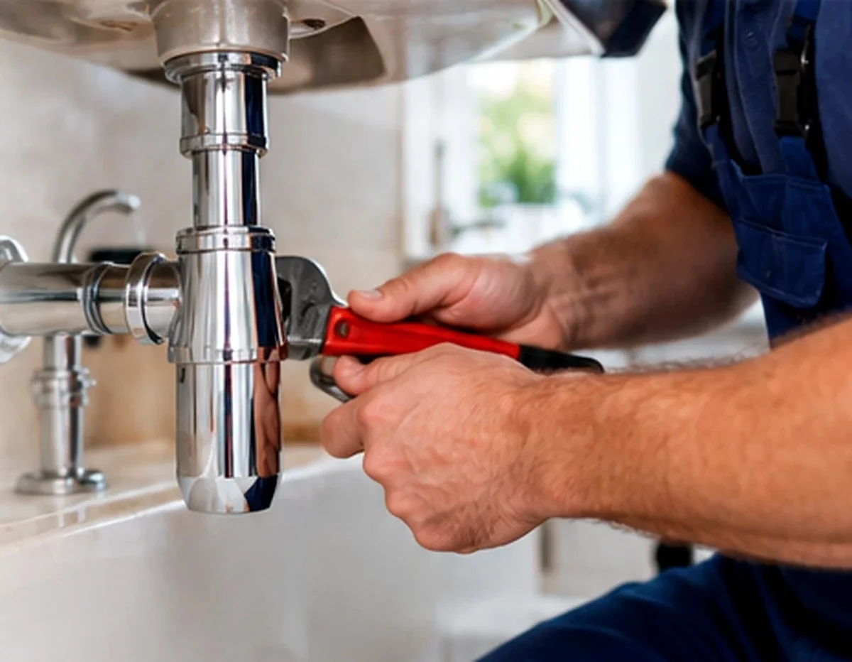 Close-up illustrative photo of a plumbing drain connection being adjusted