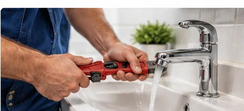 Illustrative work on a chrome bathroom faucet